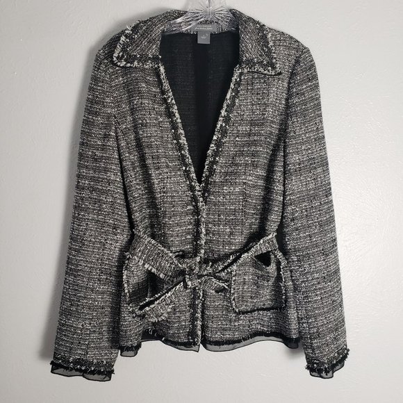 Ann Taylor Fine Italian Fabric Collared Belted Tweed Blazer Jacket - Picture 2 of 14